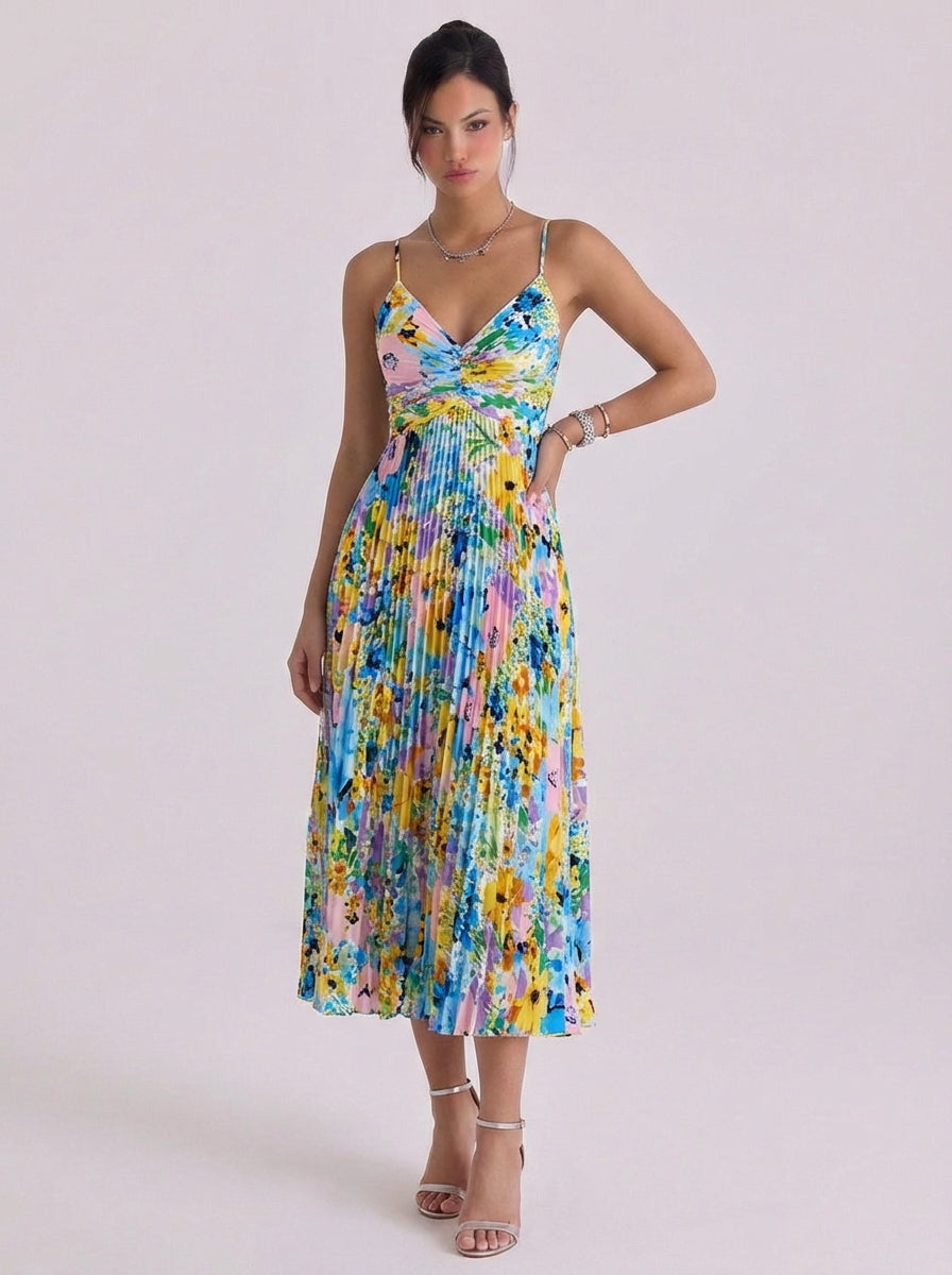 Satin Floral Print Pleated Midi Dress