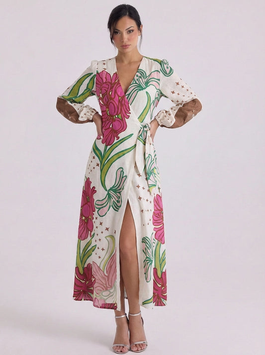 Satin Floral Print Wrap Midi Dress With Puff