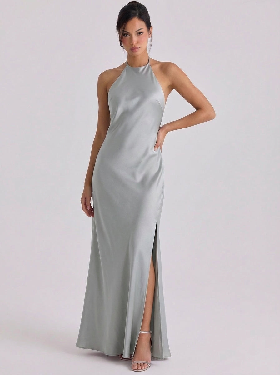 Satin Halter Neck Gown Floor Length Side Slit