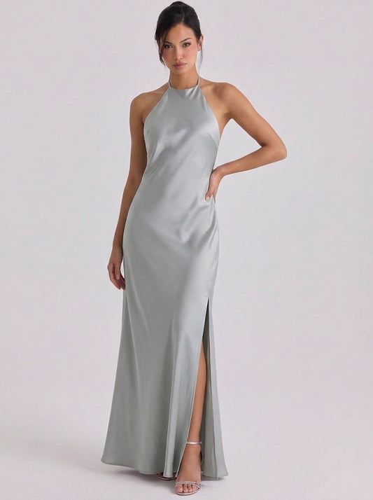 Satin Halter Neck Gown Floor Length Side Slit