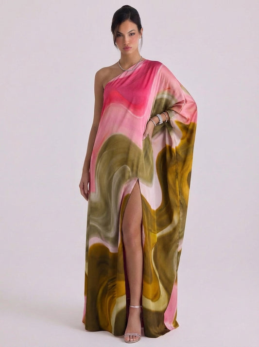 Satin Ombre Print One Shoulder Caftan Maxi Dress