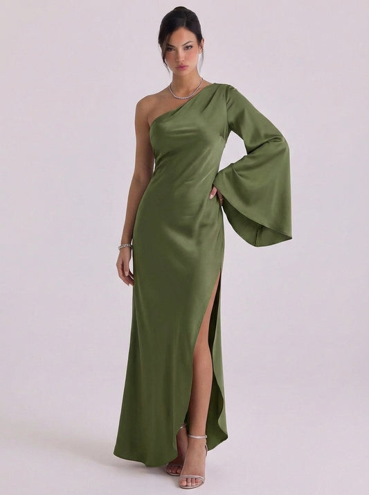 Satin One Shoulder Bell Sleeve Gown High Slit