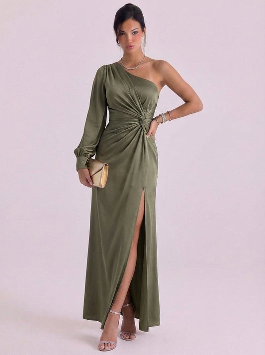 Satin One Shoulder Long Sleeve Gown Floor Length