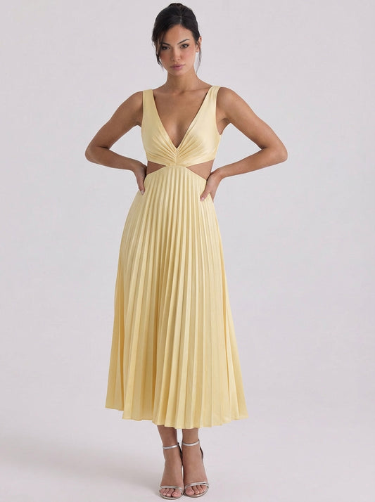 Satin Pleated Cutout Midi Dress
