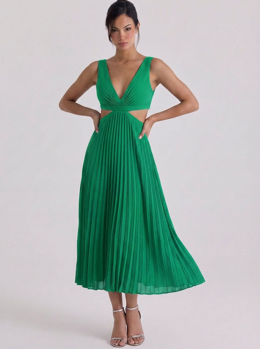 Satin Pleated Cutout Midi Dress