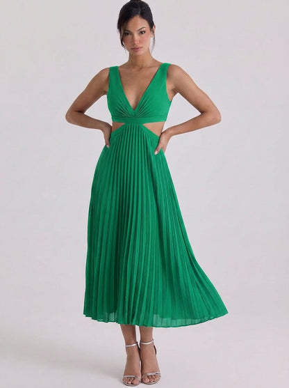 Satin Pleated Cutout Midi Dress