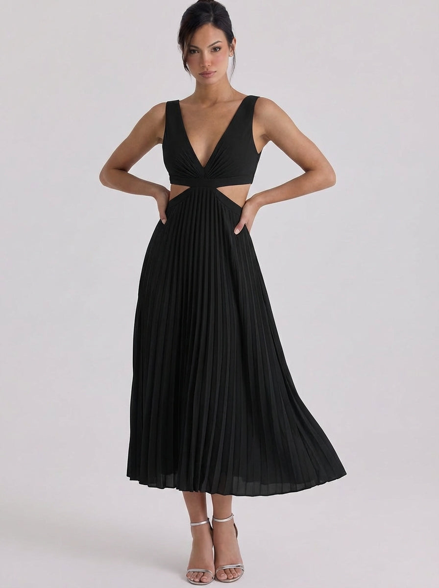Satin Pleated Cutout Midi Dress