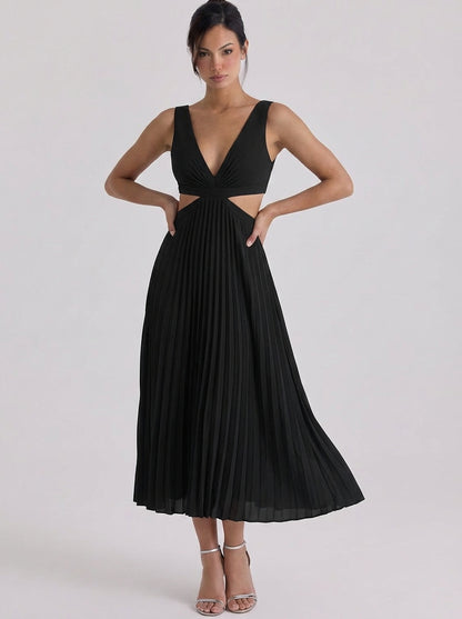 Satin Pleated Cutout Midi Dress