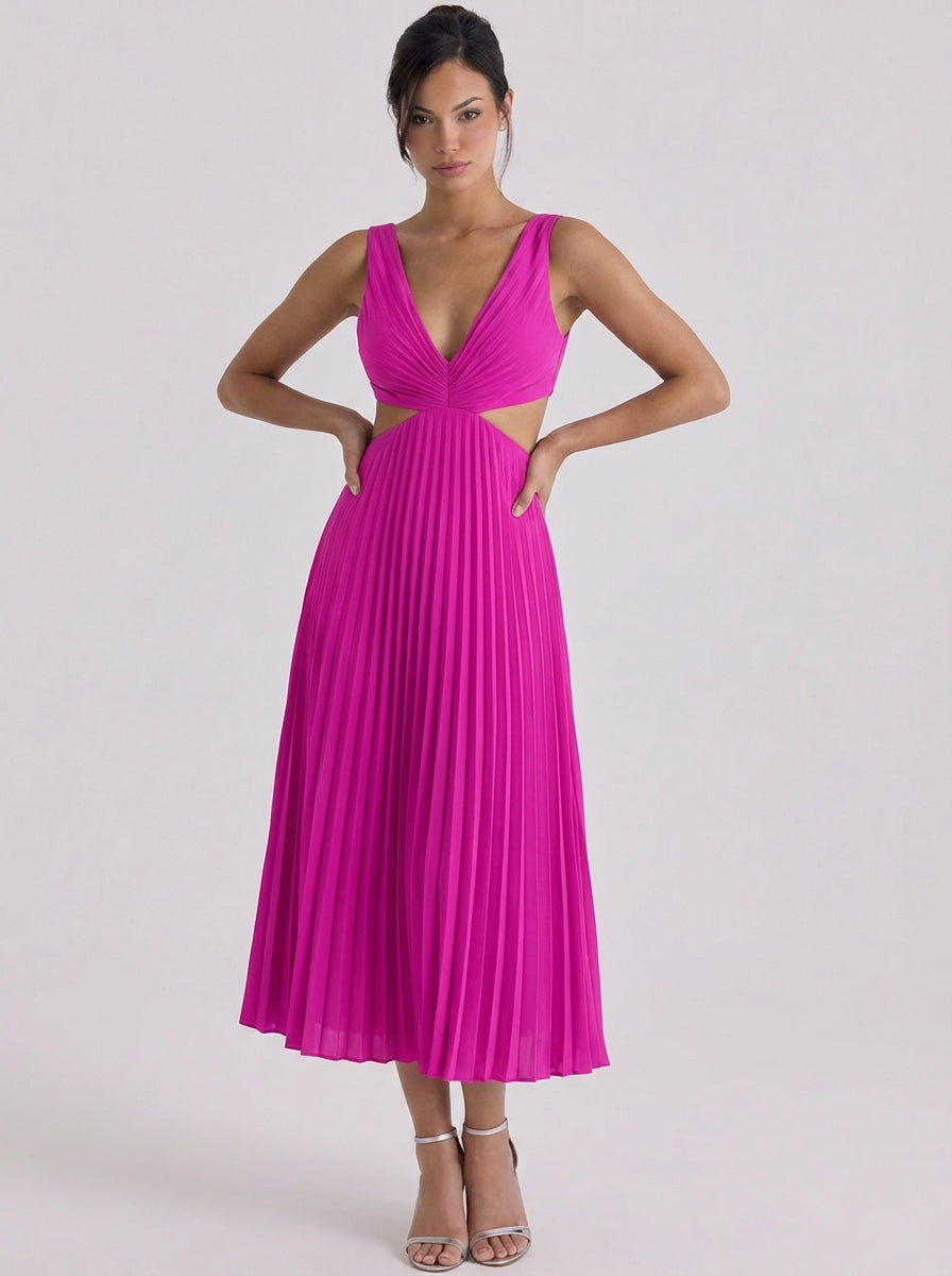 Satin Pleated Cutout Midi Dress