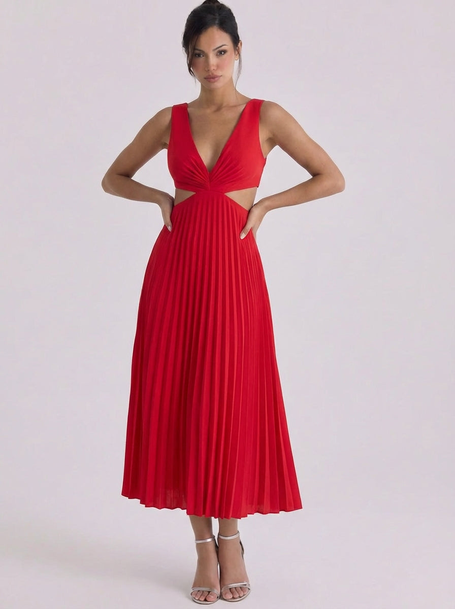 Satin Pleated Cutout Midi Dress