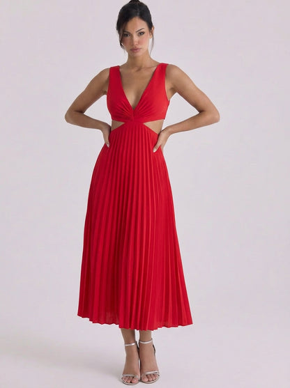 Satin Pleated Cutout Midi Dress
