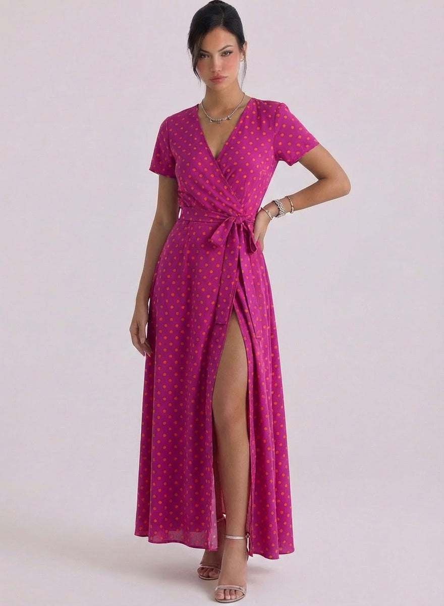 Satin Polka Dot Wrap Maxi Dress Short Sleeve Tie Waist High Slit