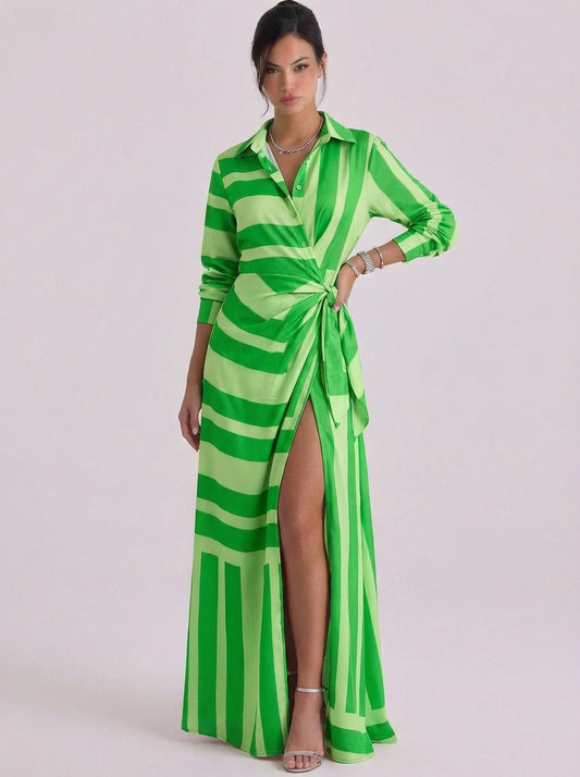 Satin Stripe Print Collar Wrap Maxi Dress Long Sleeve High Slit