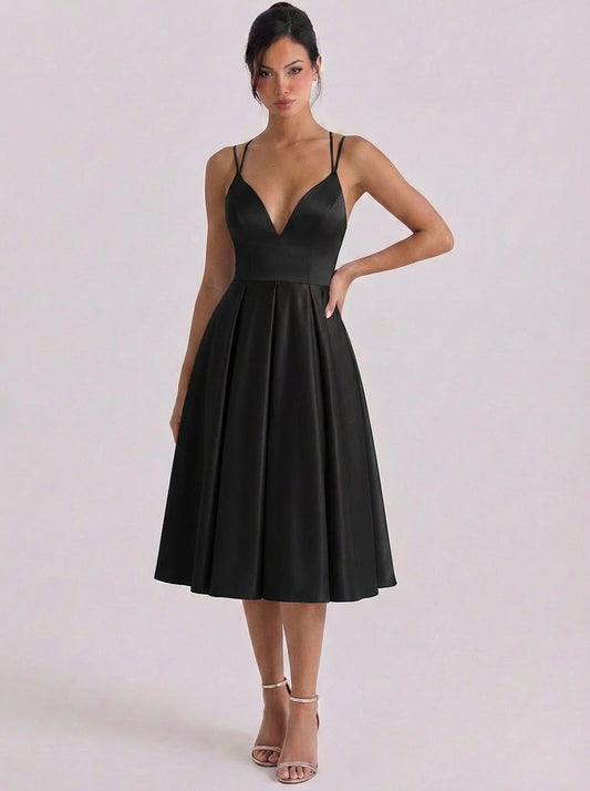 Satin Sweetheart Neckline Fit And Flare Dress Pleated Skirt Double Strap