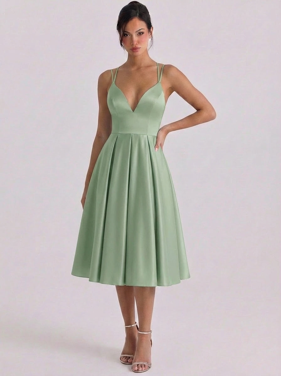 Satin Sweetheart Neckline Fit And Flare Dress Pleated Skirt Double Strap