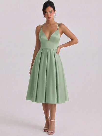 Satin Sweetheart Neckline Fit And Flare Dress Pleated Skirt Double Strap