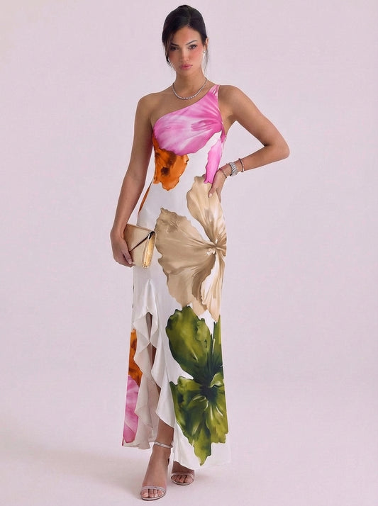 Satin Watercolor Print One Shoulder Maxi Dress Asymmetric