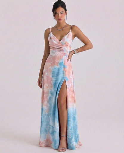 Satin Wrap Maxi Dress High Slit Cami Strap