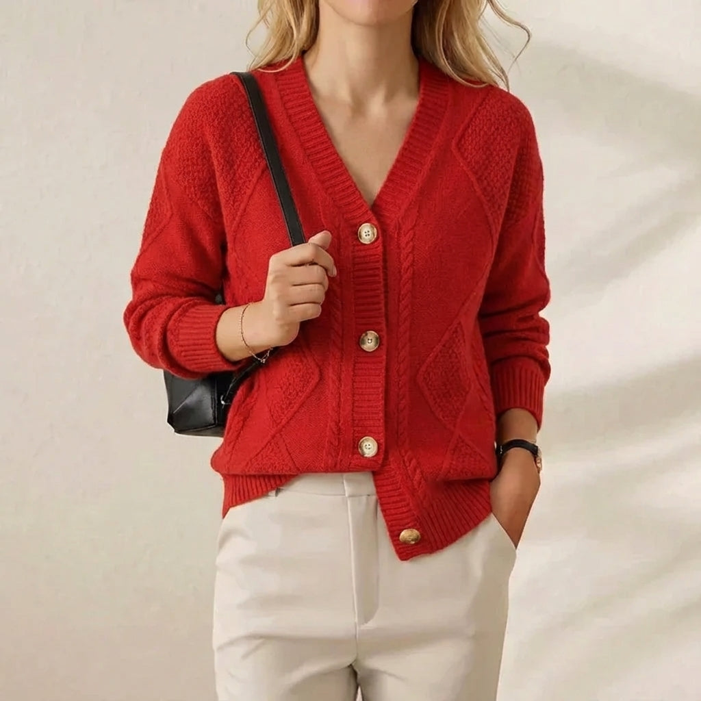 Scarlet Diamond Cardigan Red Cable Knit Button-Up Cardigan