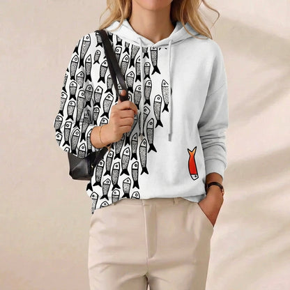 School Of Fish Graphic Print Drawstring Hoodie – White