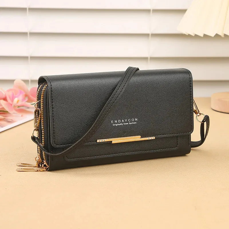 Slim Crossbody Wallet Bag – Multi-Zipper Leather Phone Purse with Shoulder Strap