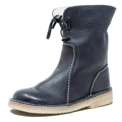 Lace-Up Leather Mid-Calf Boots