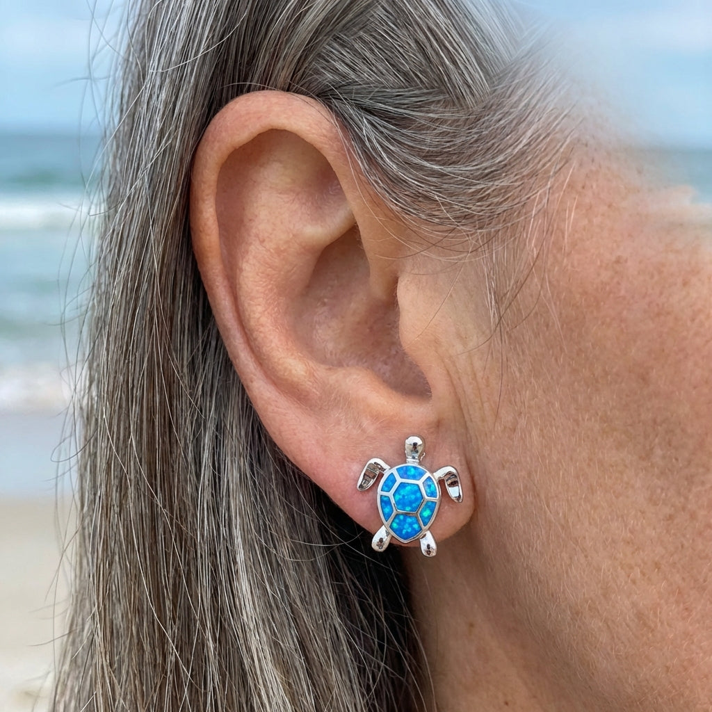 Sea Turtle Necklace + Earrings Set In Opal And Silver Sustainable Ocean Inspired Jewelry