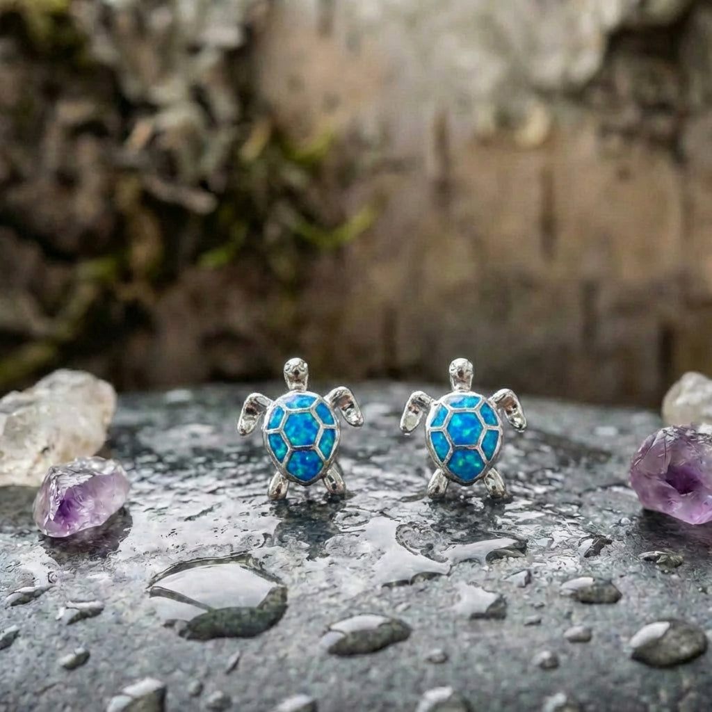 Sea Turtle Necklace + Earrings Set In Opal And Silver Sustainable Ocean Inspired Jewelry