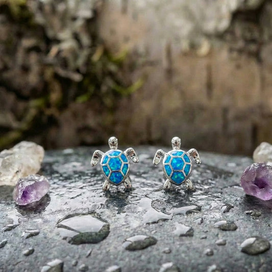 Sea Turtle Necklace + Earrings Set In Opal And Silver Sustainable Ocean Inspired Jewelry