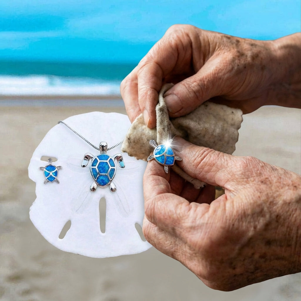 Sea Turtle Necklace + Earrings Set In Opal And Silver Sustainable Ocean Inspired Jewelry