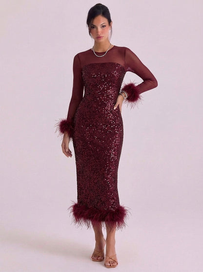 Sequin Feather Trim Midi Dress With Mesh