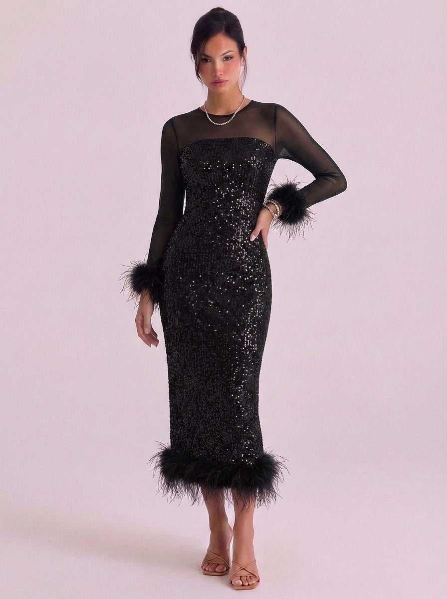Sequin Feather Trim Midi Dress With Mesh