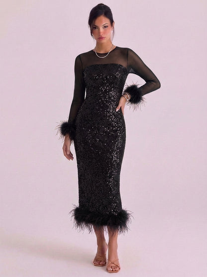 Sequin Feather Trim Midi Dress With Mesh