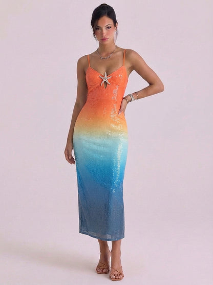 Sequin Ombre Slip Midi Dress With Starfish Detail