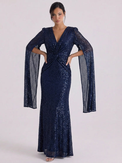 Sequin Twist Front Maxi Gown Bell Sleeve