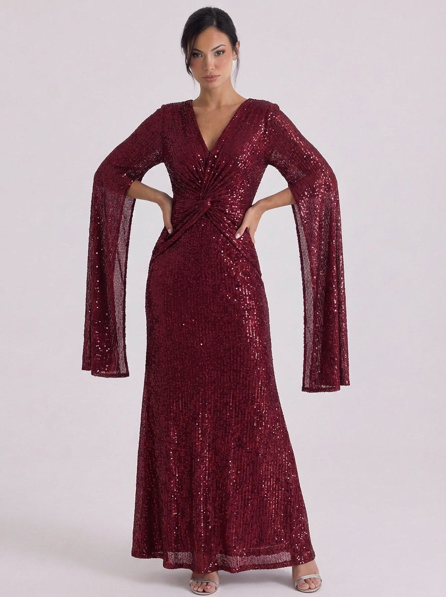 Sequin Twist Front Maxi Gown Bell Sleeve