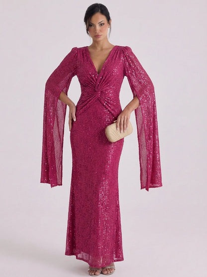 Sequin Twist Front Maxi Gown Bell Sleeve