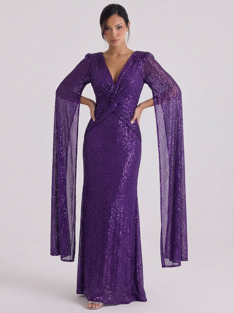 Sequin Twist Front Maxi Gown Bell Sleeve