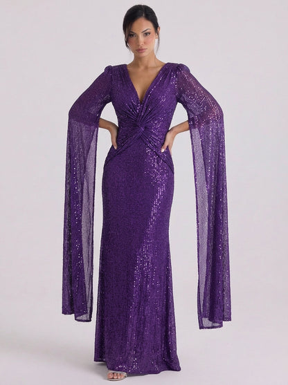 Sequin Twist Front Maxi Gown Bell Sleeve