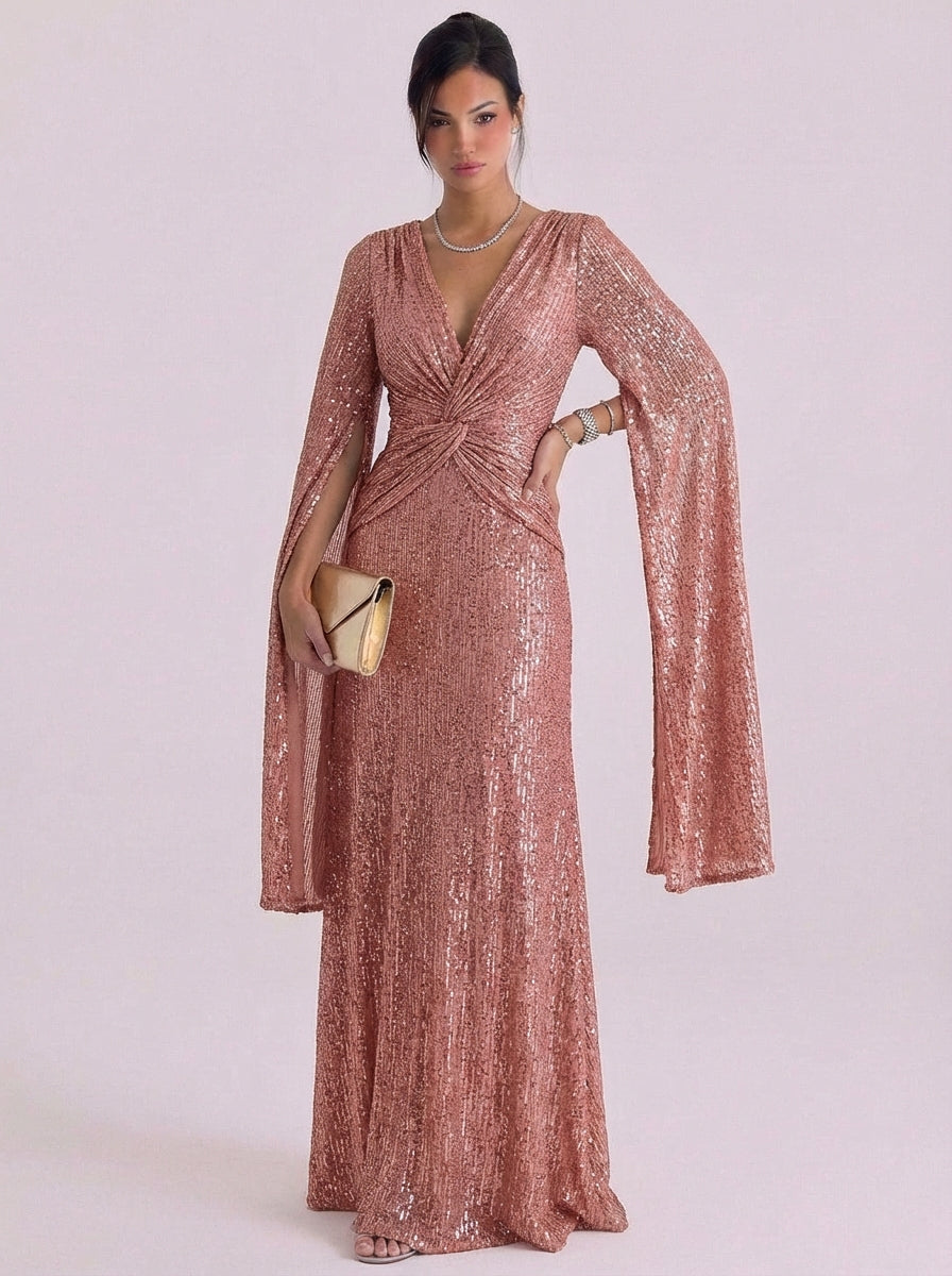 Sequin Twist Front Maxi Gown Bell Sleeve