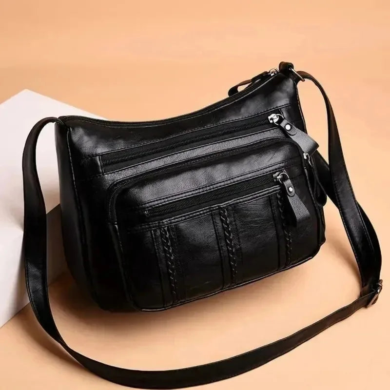 Soft Leather Crossbody Bag – Multi-Pocket Zipper Shoulder Bag with Braided Detail