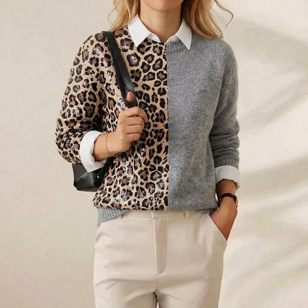 Shimmer Leopard Colorblock Knit Sequin & Grey Split Crewneck Sweater