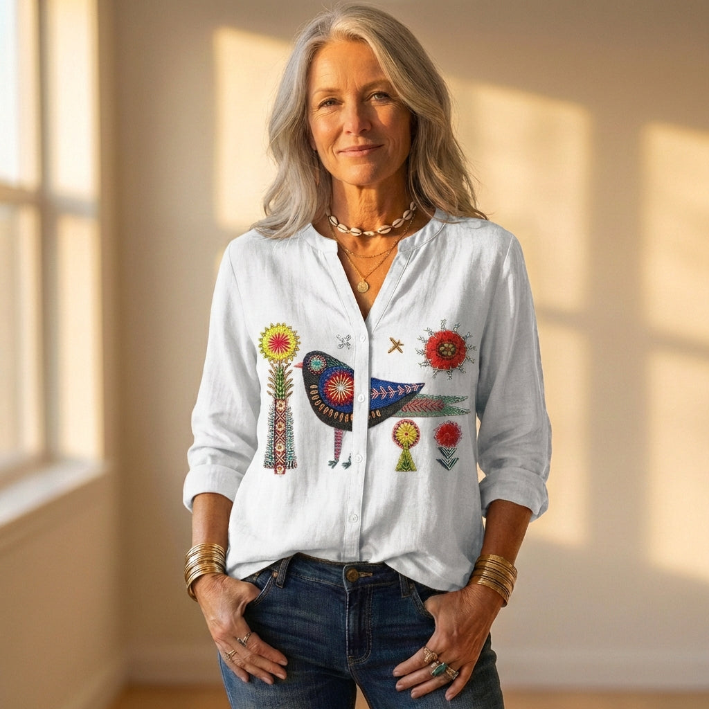 Button Down Shirt With Embroidered Bird & Floral Design