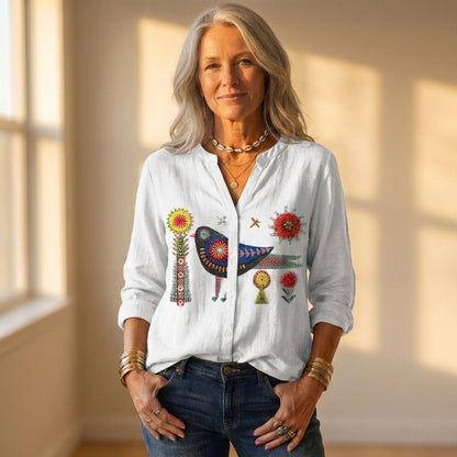 Button Down Shirt With Embroidered Bird & Floral Design