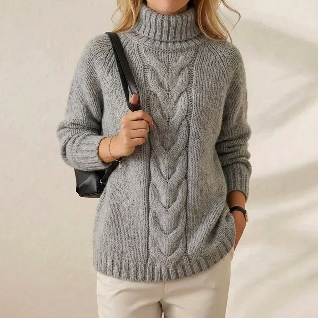 Silver Braid Turtleneck Grey Oversized Cable Knit Pullover