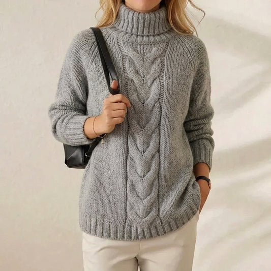 Silver Braid Turtleneck Grey Oversized Cable Knit Pullover
