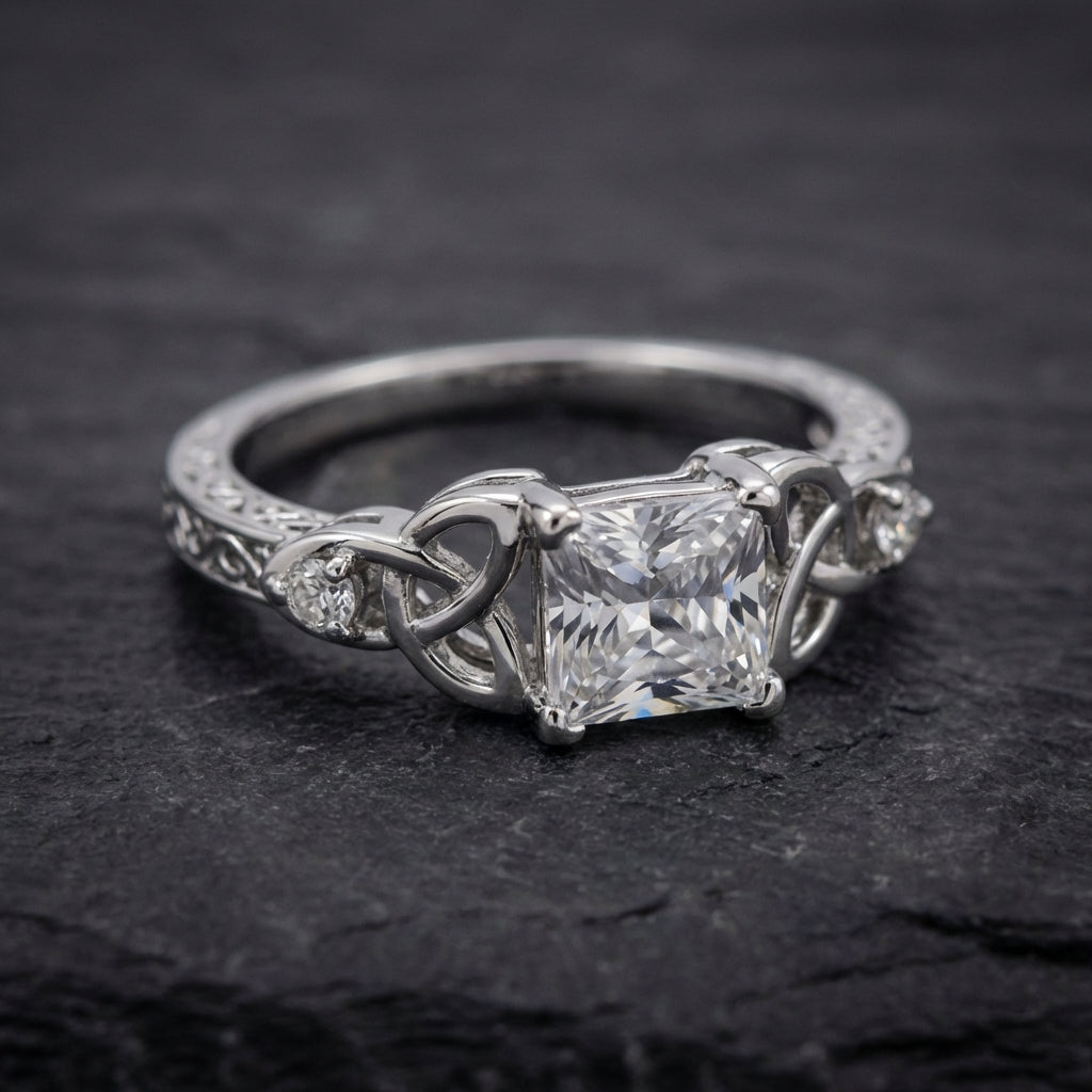 Silver Center Square Gem Knot Design Ring