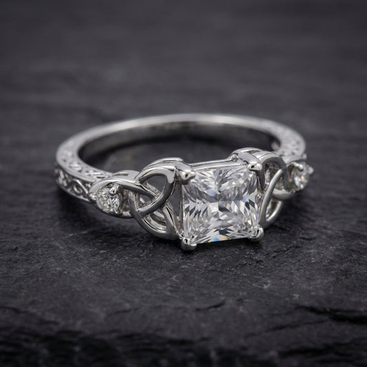 Silver Center Square Gem Knot Design Ring