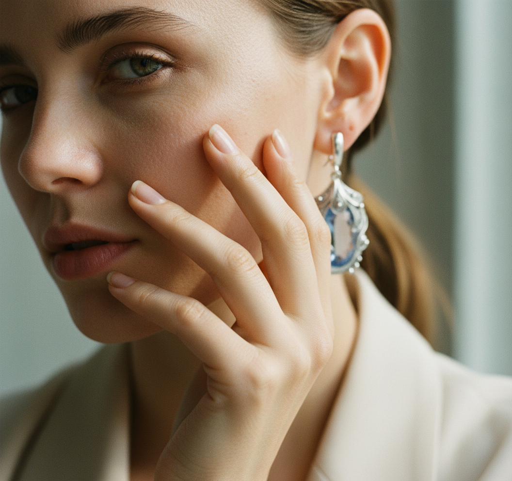 Silver Color Inlaid Blue Stone Earrings