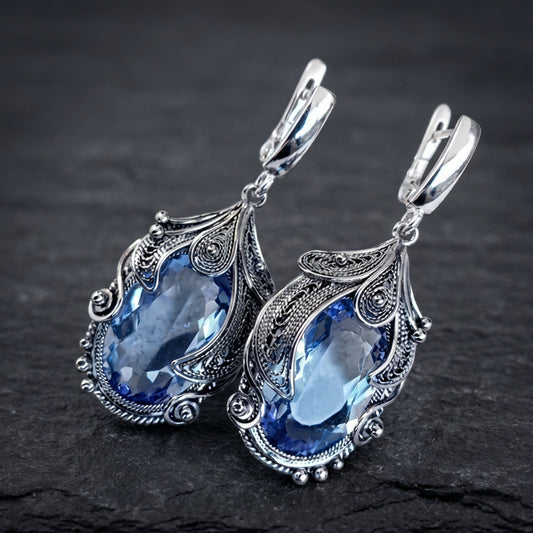 Silver Color Inlaid Blue Stone Earrings